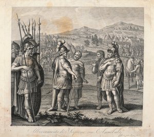 ポエニ戦争におけるハンニバルとスキピオの会談（銅版画 作： Giulio (after) Romano