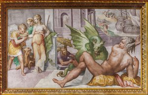 キルケがモンスターに変身するユリシーズの仲間、キルケのホール、ロッカ・デイ・ロッシ、サン・セコンド、パルマ、イタリア 作： Giulio (school of) (attr.to) Romano