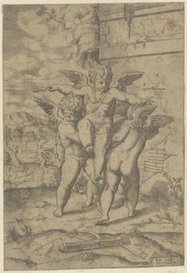 アモールと 3 つのプッティ 作： Giulio Bonasone (attributed to)