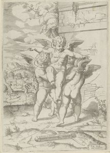 アモールと 3 つのプッティ 作： Giulio Bonasone (attributed to)