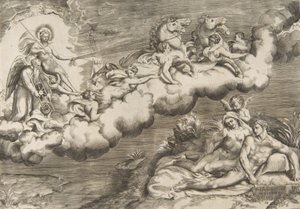 昇る太陽のアレゴリー、シュラウドを身に着け、父なる時を伴う裸の男...、1531-76. 作： Giulio Bonasone