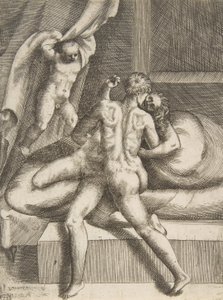 「神々の愛」より、アポロンとレウコテア。 1531-76。 作： Giulio Bonasone
