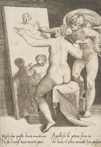 絵画のアレゴリーを表す女性のそばに立つアポロン、「The Loves ...」、1531-60 より。 作： Giulio Bonasone