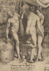 女性にブドウを与えるバッカス、「神々の愛」、1531-60年。 作： Giulio Bonasone