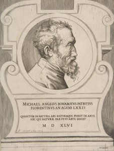 右向きのミケランジェロの胸像、カルトゥーシュにセット、1546 年。 作： Giulio Bonasone