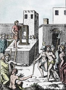 死刑: マンナイアと呼ばれ、1555 年に Achille Bocchi によって設計されたイタリアのギロチン (装飾機) の祖先による死刑判決の執行」ジュリオ Buonasone (Bonasone) による彫刻 (1498-1574) ( マナ 作： Giulio Bonasone