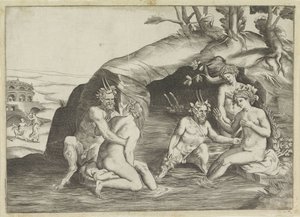 水浴びをする 3 人のニンフと 2 人のサテュロス 作： Giulio Bonasone