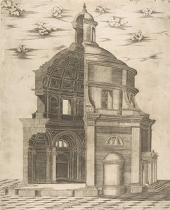 1541 年にネプチューンに捧げられたローマの寺院の外観と内部のセクション。 作： Giulio Bonasone