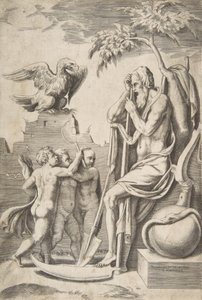 鎌にもたれかかっている右の父の時間、左の 3 人の裸の少年とワシ、1..., 1531-76. 作： Giulio Bonasone
