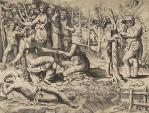 中央のフローラが別の女性に花輪を渡し、他の図に囲まれている.16 世紀半ば. 作： Giulio Bonasone