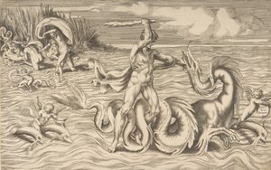 中央でドラゴンと戦うヘラクレス、左上のデイアネイラを運び去るアケロス、1531-76年。 作： Giulio Bonasone
