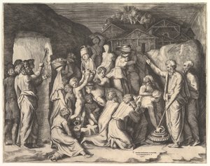 モーセはイスラエル人にマナとモーセの岩を集めるように言う。 作： Giulio Bonasone