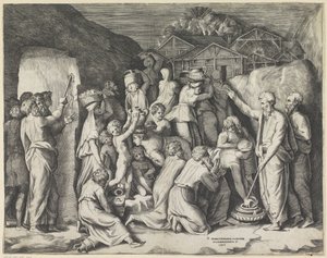 モーセはイスラエル人にマナを集めるように命じ、モーセは岩から水を打ちます 作： Giulio Bonasone