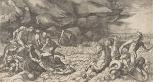1531-76年、アイネイアスの艦隊に対して提起されたテンペストアイオロスを落ち着かせるネプチューン。 作： Giulio Bonasone