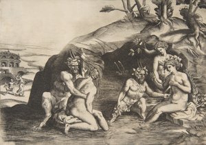 ニンフとサテュロスの入浴、1531-76。 作： Giulio Bonasone