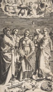 聖パウロ、マグダレン、聖ヨハネを伴って中央に立つ聖セシリア、1531年。 作： Giulio Bonasone
