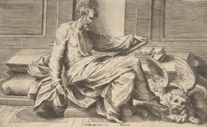 福音書を書いている聖マルコ、右側に翼のあるライオン、1531-76年。 作： Giulio Bonasone