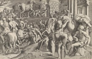 木馬をトロイに運ぶトロイア人、1545年。 作： Giulio Bonasone