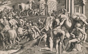 1545年、木馬を街に引き込むトロイの木馬。 作： Giulio Bonasone