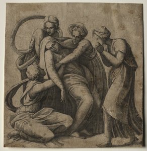 聖母3人の腕の中で失神する処女。 作： Giulio Bonasone
