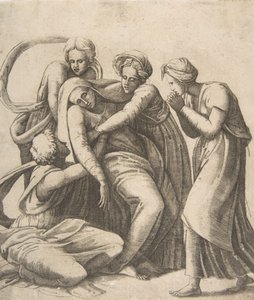 1531-76年、聖女たちの腕の中で気絶し、支えられている聖母。 作： Giulio Bonasone