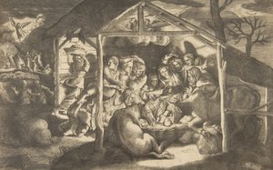 羊飼いの崇拝、1531-76 年に幼子キリストを取り巻くさまざまな人物。 作： Giulio Bonasone