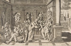 洗礼者聖ヨハネの誕生は、1531 年から 1576 年頃の古典的な建物の中にあります 作： Giulio Bonasone
