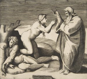 アダムの後ろから現れるイブの創造。 1530-70。 作： Giulio Bonasone