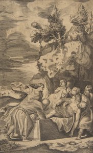 キリストの埋葬、左の背景に見えるカルバリーの十字架、1563年。 作： Giulio Bonasone