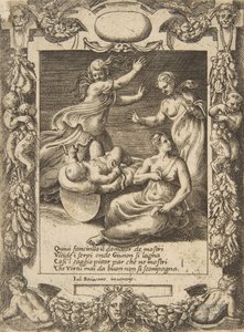1531-76 年の「Loves,...」から、精巧なフレーム内に設定された、蛇を殺す幼いヘラクレス。 作： Giulio Bonasone