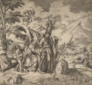 エジプトへ逃亡中の残りの聖家族、1531～76年。 作： Giulio Bonasone