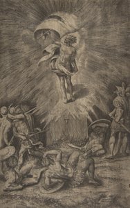 キリストの復活、右手に旗を持ち、兵士たちが川を取り囲んでいます。, 1561. 作： Giulio Bonasone
