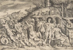 ジェイソンとメデアの物語、左は息子を連れ去り、真ん中は…、1531-76年。 作： Giulio Bonasone