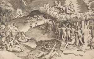 愛の勝利、ユニコーンが描いた戦車に乗ったキューピッドが右上、裸…、1545年。 作： Giulio Bonasone
