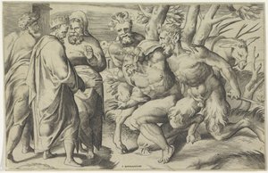 2 人のサテュロスがミダス王にシレノスを連れてくる 作： Giulio Bonasone