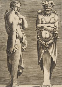 2つの用語、左のニンフ、右のシルバヌス、約。 1530-50。 作： Giulio Bonasone