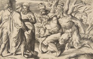 シレノス王ミダスを連れて左側に立つ 2 人のサテュロス、1531～76 年。 作： Giulio Bonasone