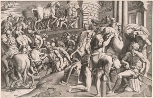 木馬をトロイに運ぶトロイの木馬 作： Giulio Bonasone, after Francesco Primaticcio