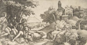 左の 4 人の羊飼いが楽器を持って木の下に座っている..., ca. 1517年
