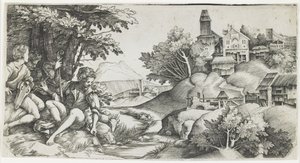 風景の中の羊飼い、c。 1517-1518 作： Giulio Campagnola