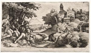 風景の中の羊飼い、c。 1517年。 作： Giulio Campagnola