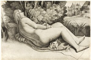 風景の中で横たわる女性 作： Giulio Campagnola