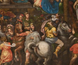 南トランセプトの対向壁、ジュゼッペ・カンピ《モルデカイの凱旋》1567年、詳細下部分 作： Giulio Campi