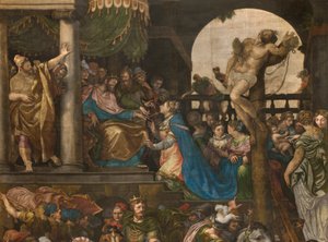 南トランセプトのカウンターファサードの反対側の壁、ジュゼッペ・カンピ、モルデカイの凱旋 1567年、細部の高い部分 作： Giulio Campi