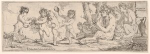 サテュロスがリュートを演奏し、4 人の人物に囲まれているバッカナル。 作： Giulio Carpioni
