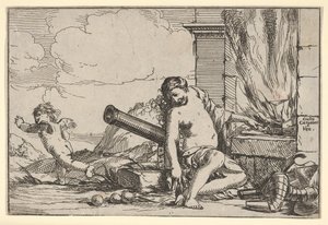 火、バルカンのフォージの前に座っている金星に代表される、装甲、大砲、そして砲... 1640-60年。 作： Giulio Carpioni