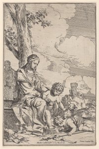 キリストの足にキスをする幼い聖ヨハネと聖家族、1640-60年。 作： Giulio Carpioni