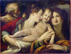 The Mystic Marriage of Saint Catherine (c. 290-307) (The Mystic Marriage of Saint Catherine). 聖母マリアは、指に結婚指輪を受け取るアレクサンドリアの聖カタリナに子供イエスを贈ります. ジュリオ・チェザーレ・プロカッチーニ（1574-1625）の絵画、h