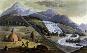 ラップランドの風景 (ノルウェー、スウェーデン、フィンランド、ロシアに属する領土)、先住民族 (サーミ) の住居「「古くて現代的な衣装」」 by Ferrario, ed. ミラノ