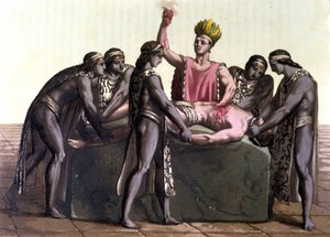 人間の生贄を捧げるトピルツィン (古代メキシコ文明の大祭司) - J. フェラリオの「古代と現代の衣装」 作： Giulio Ferrario
